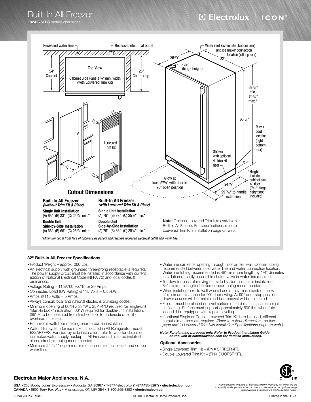 Electrolux E32AF75FPS specifications Built-In All-Freezer Specifications, Optional Accessories 