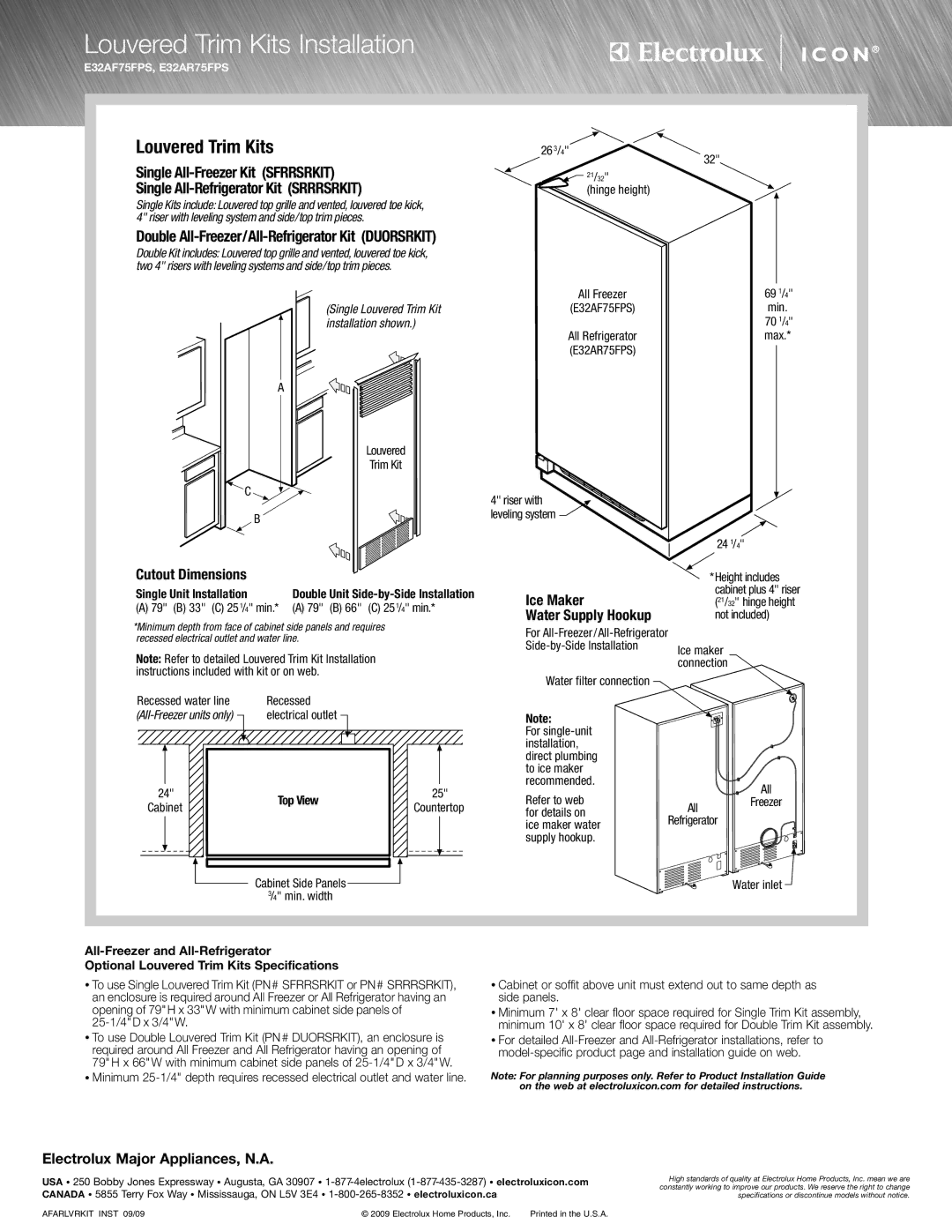 Electrolux E32AF75FPS specifications Louvered Trim Kits Installation, Single Unit Installation 