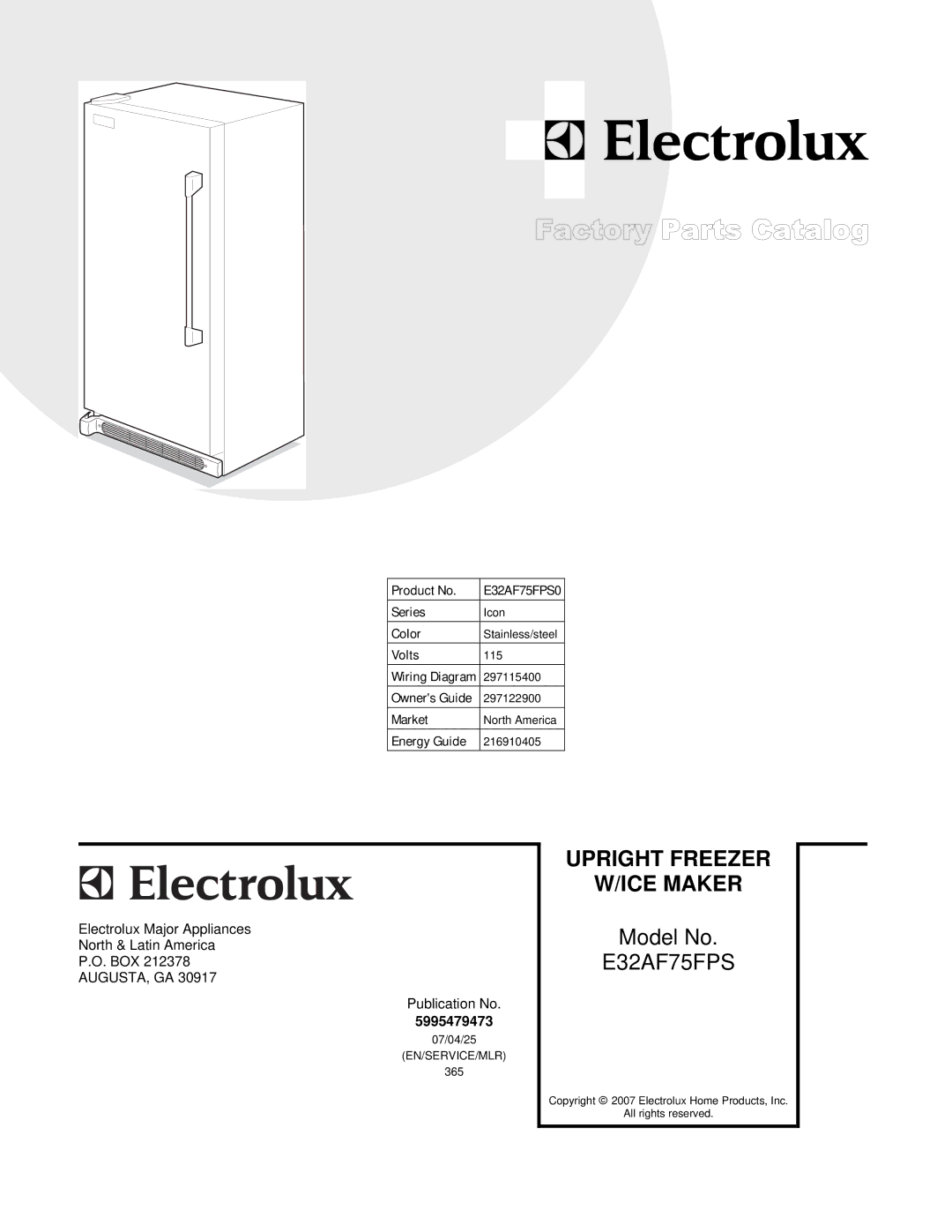 Electrolux E32AF75FPS0 manual Upright Freezer ICE Maker 