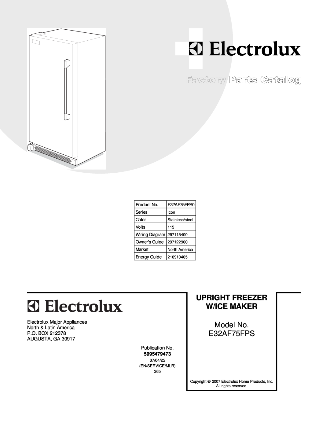 Electrolux E32AF75FPS0 manual Upright Freezer W/Ice Maker, Model No E32AF75FPS 