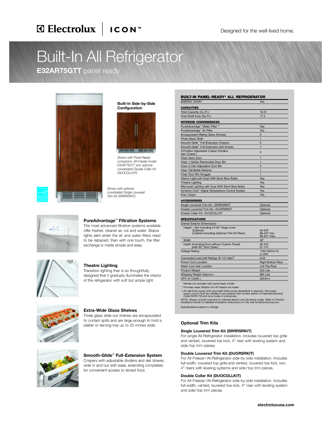 Electrolux specifications Built-In All Refrigerator, E32AR75GTT panel ready, PureAdvantage Filtration Systems 