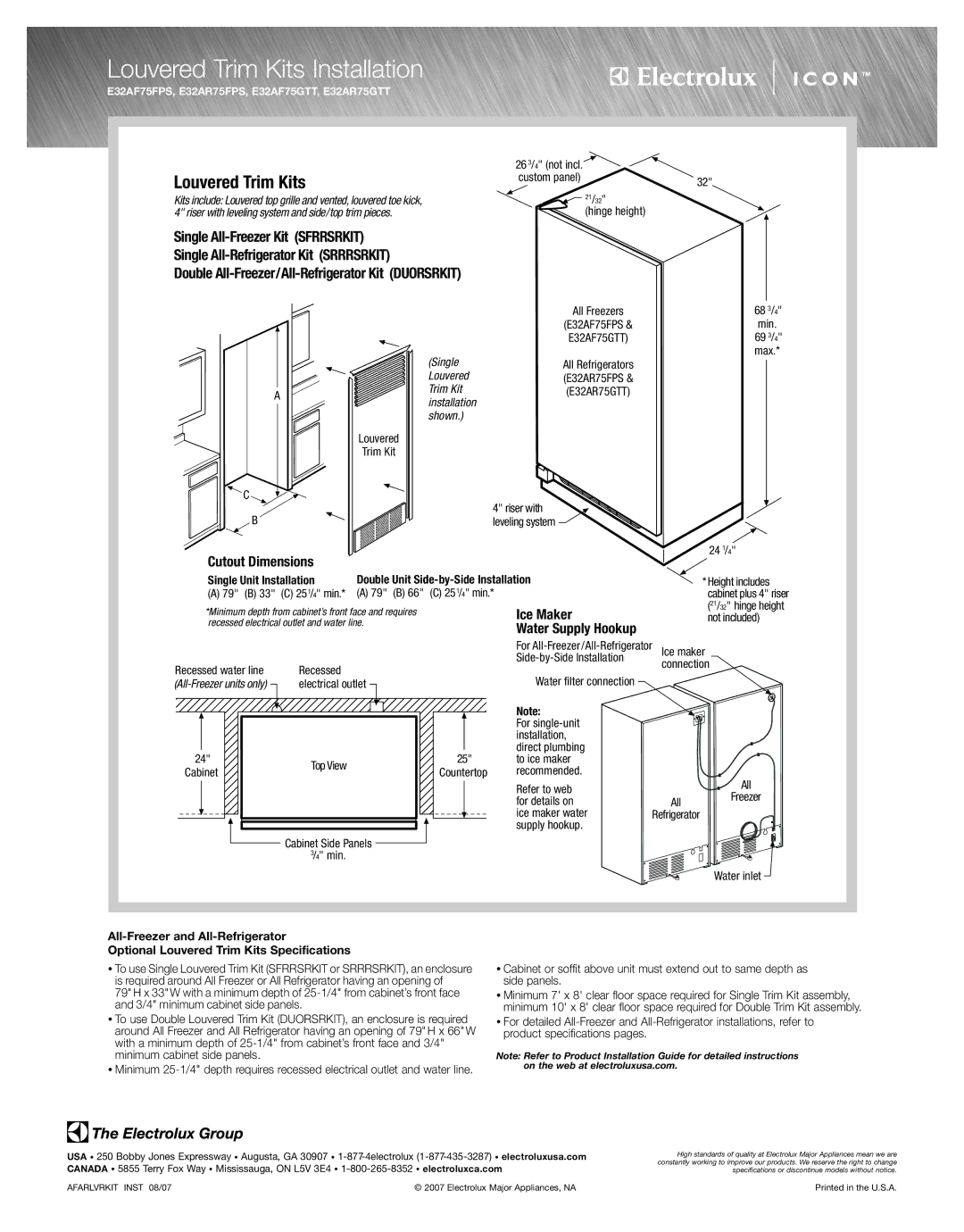 Electrolux E32AR75GTT specifications Louvered Trim Kits Installation, Double All-Freezer/All-Refrigerator Kit Duorsrkit 