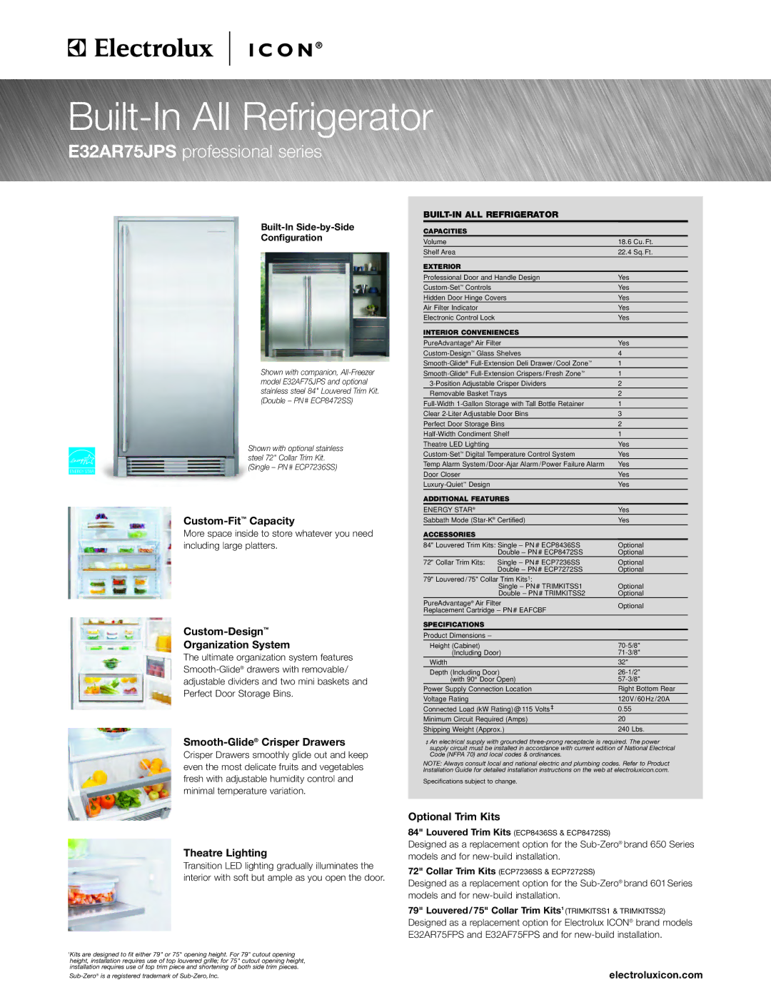 Electrolux E32AR75JPS specifications Custom-FitCapacity, Custom-Design Organization System, Smooth-GlideCrisper Drawers 