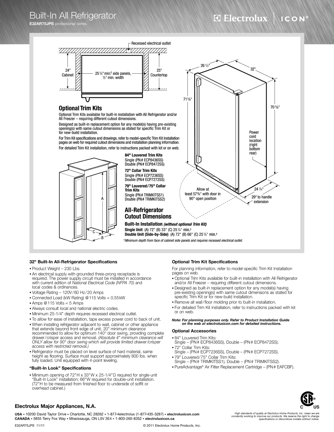 Electrolux E32AR75JPS Built-In All Refrigerator, Built-In All-Refrigerator Specifications, Optional Accessories 