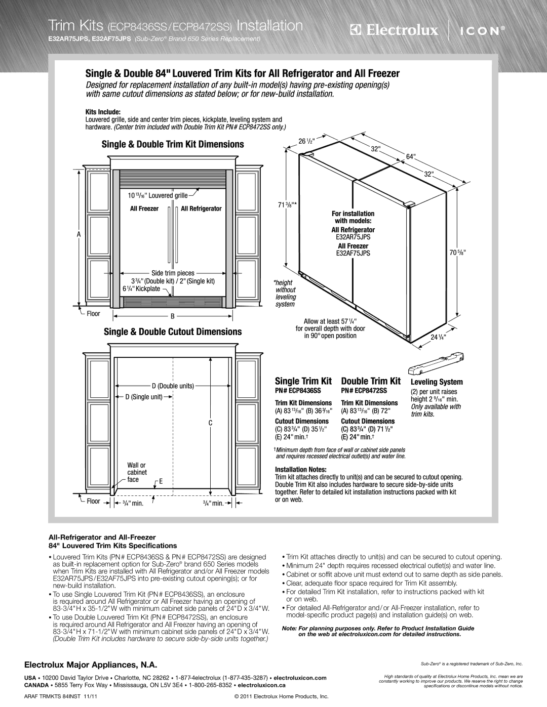 Electrolux E32AR75JPS specifications Trim Kits ECP8436SS/ECP8472SS Installation 