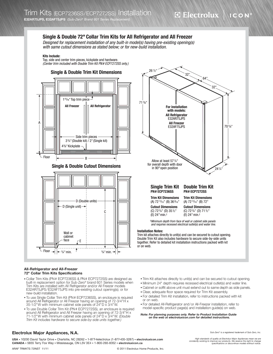 Electrolux E32AR75JPS specifications Trim Kits ECP7236SS/ECP7272SS Installation 