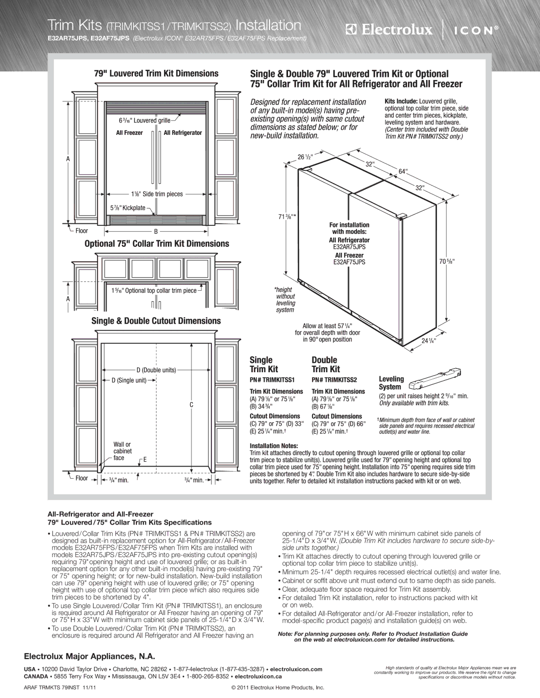 Electrolux E32AR75JPS specifications Trim Kits TRIMKITSS1/TRIMKITSS2 Installation 