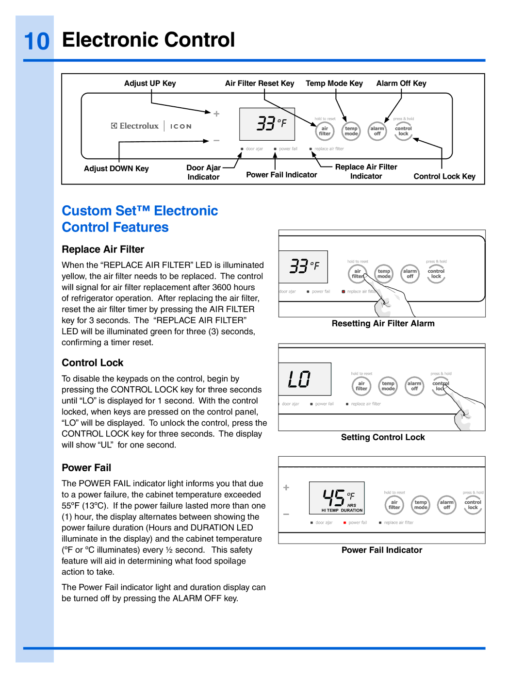Electrolux E32AR75JPS manual Custom Set Electronic Control Features, Replace Air Filter, Control Lock, Power Fail 