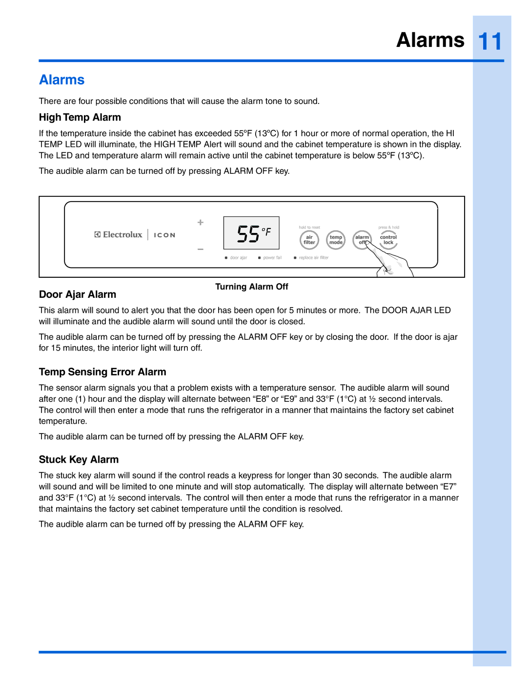 Electrolux E32AR75JPS manual Alarms 