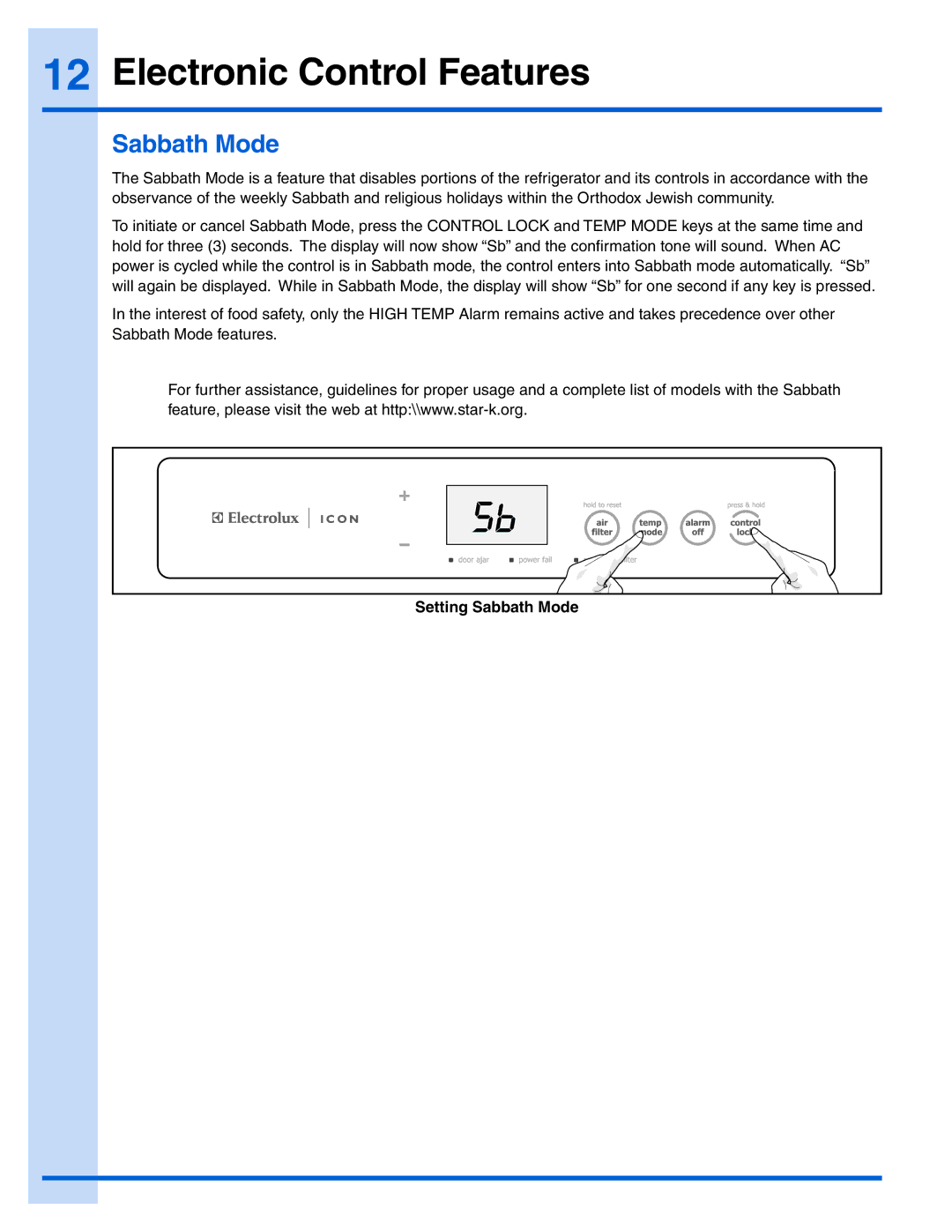 Electrolux E32AR75JPS manual Electronic Control Features, Sabbath Mode 