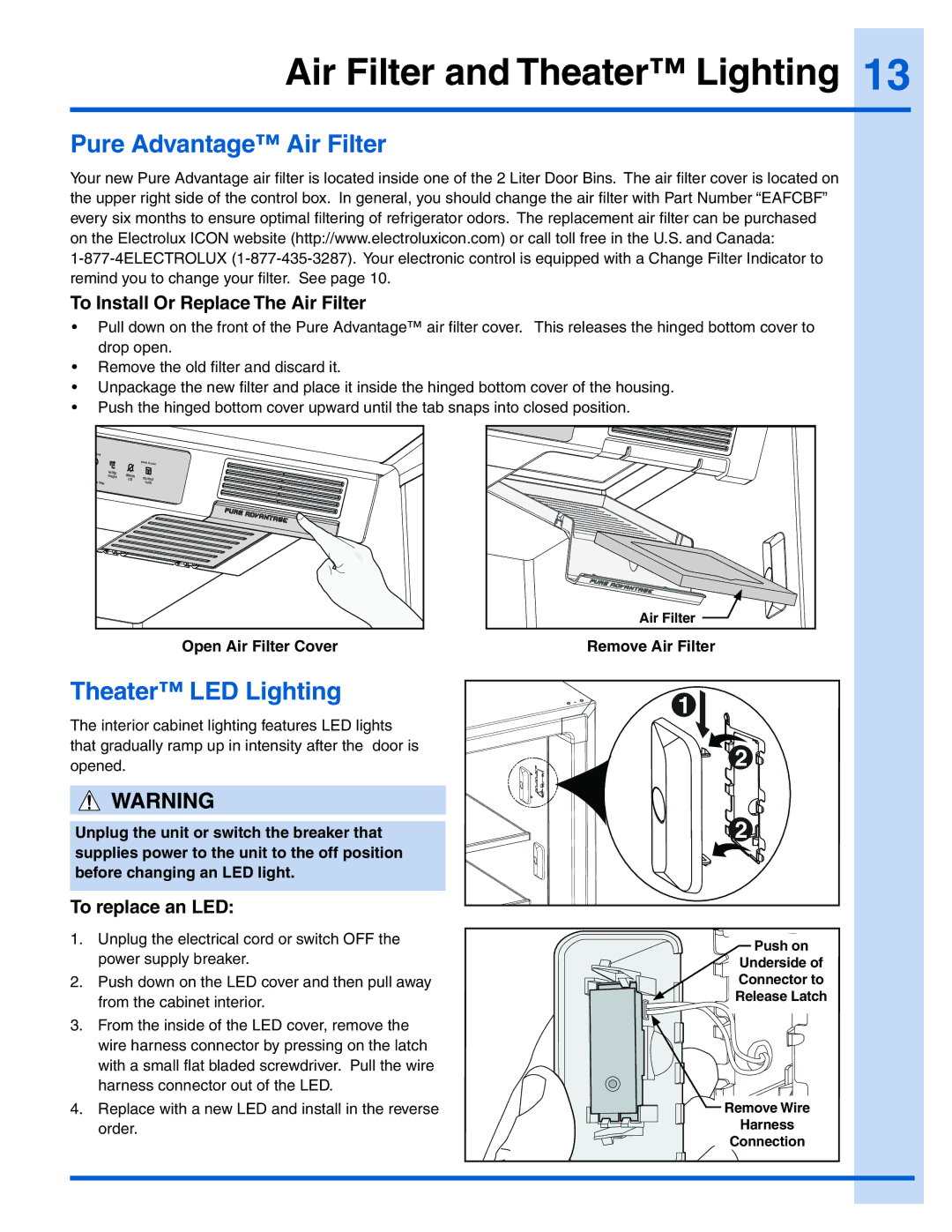 Electrolux E32AR75JPS Air Filter and Theater Lighting, Pure Advantage Air Filter, Theater LED Lighting, To replace an LED 