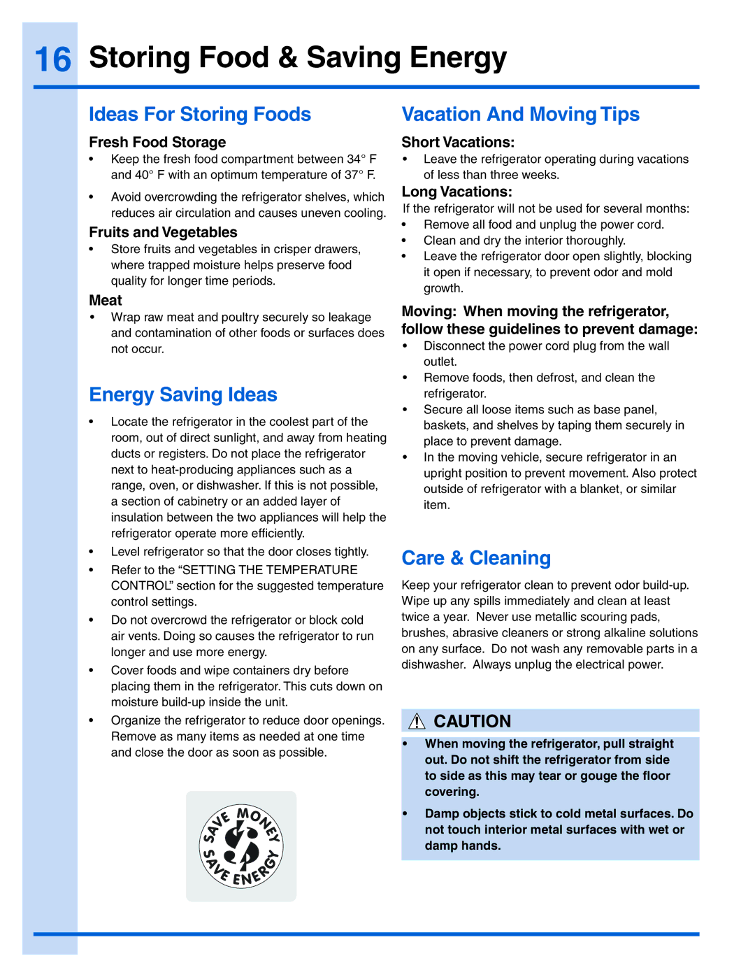 Electrolux E32AR75JPS manual Storing Food & Saving Energy, Ideas For Storing Foods, Energy Saving Ideas, Care & Cleaning 