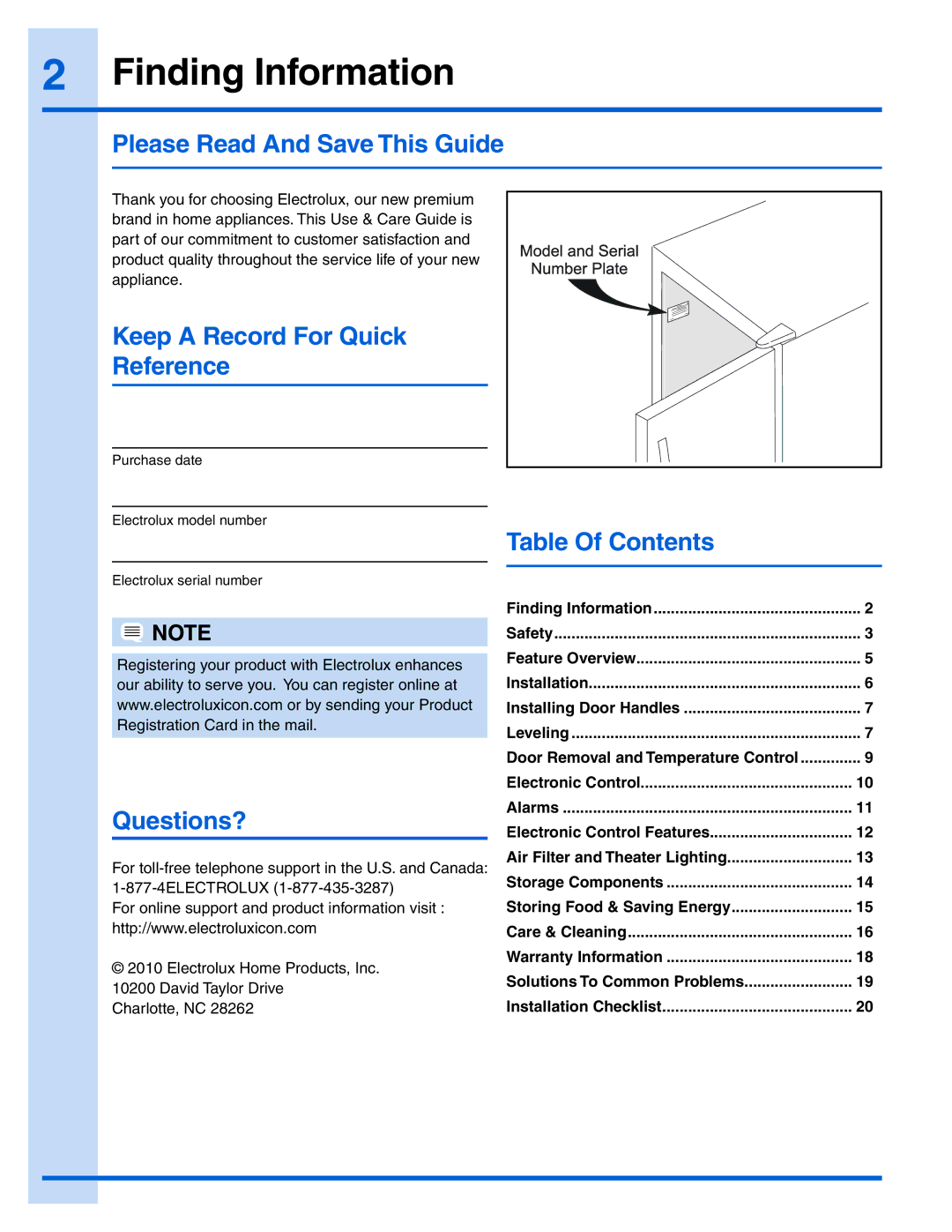 Electrolux E32AR75JPS Finding Information, Please Read And Save This Guide, Keep a Record For Quick Reference, Questions? 