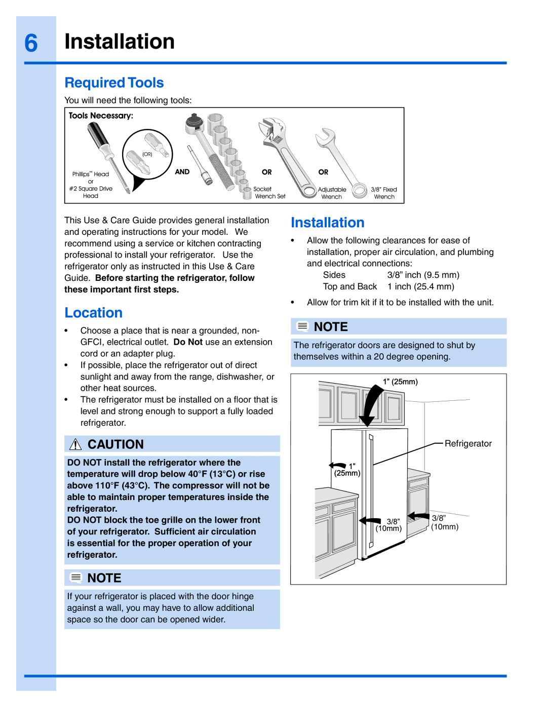 Electrolux E32AR75JPS manual Installation, Required Tools, Location 