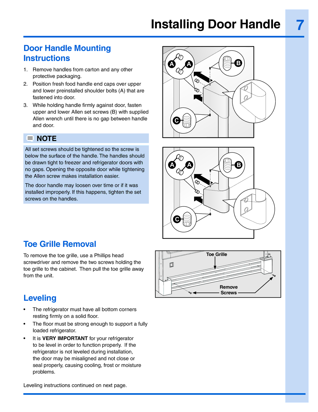 Electrolux E32AR75JPS manual Installing Door Handle, Door Handle Mounting Instructions, Toe Grille Removal, Leveling 