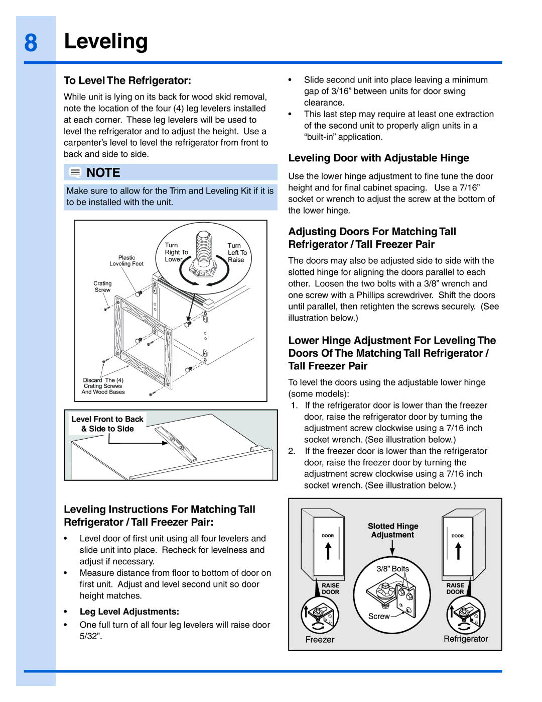 Electrolux E32AR75JPS manual To Level The Refrigerator, Leveling Door with Adjustable Hinge 