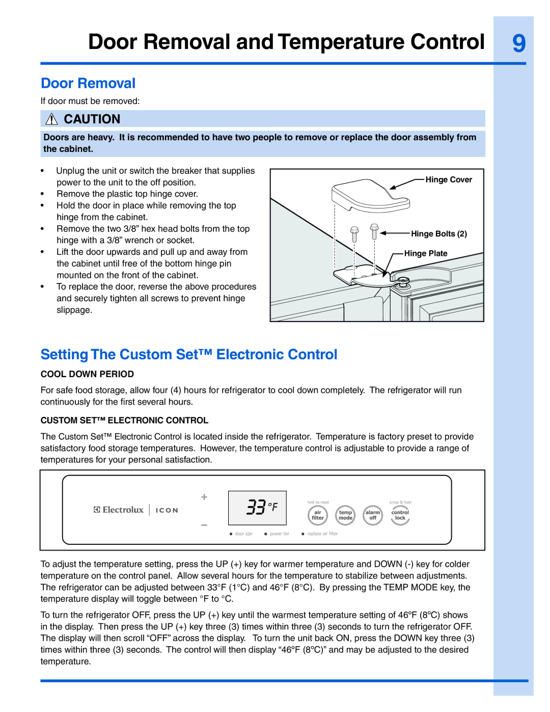 Electrolux E32AR75JPS manual Door Removal and Temperature Control, Setting The Custom Set Electronic Control 