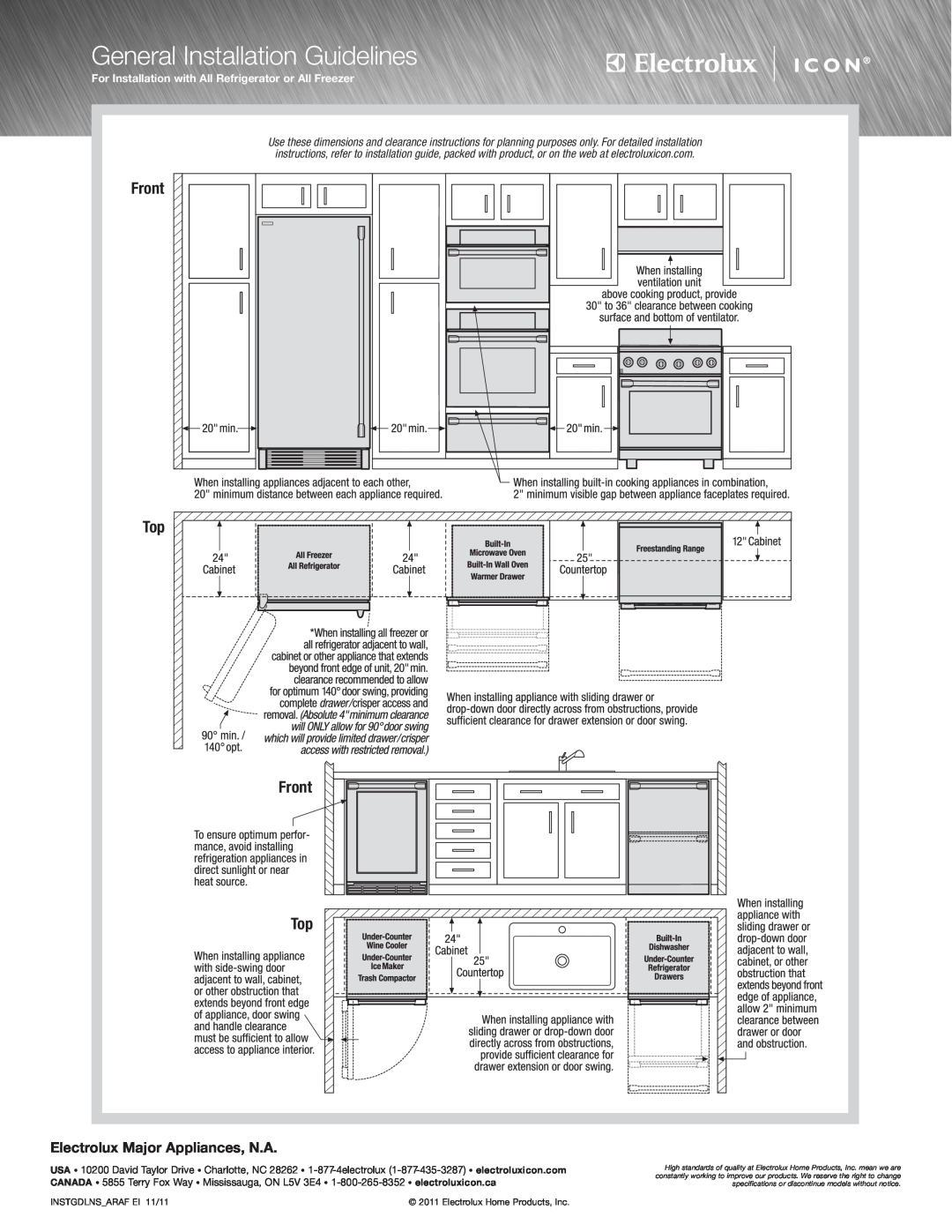 Electrolux E32AR75JPS specifications General Installation Guidelines, Front, Electrolux Major Appliances, N.A 