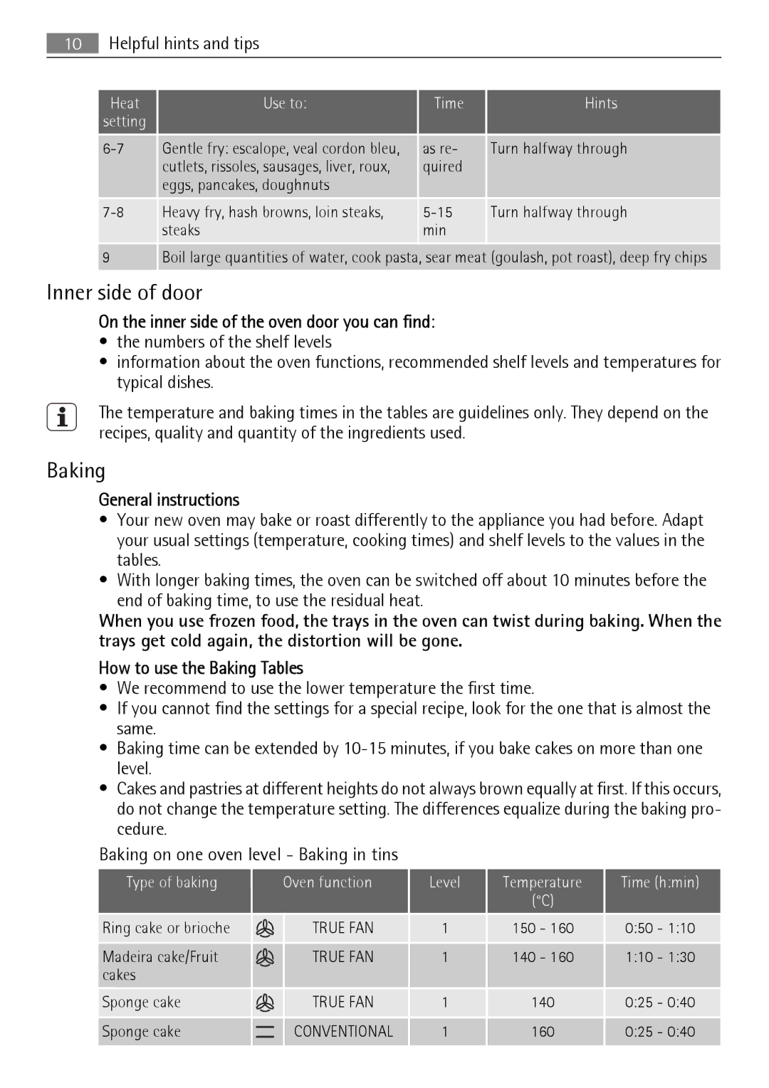 Electrolux E33542-6 Inner side of door, Baking, On the inner side of the oven door you can find, General instructions 