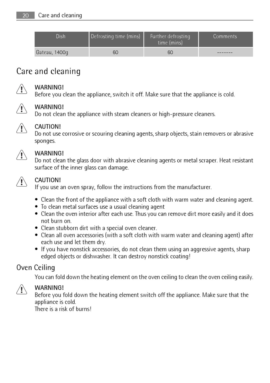 Electrolux E33542-6 user manual Care and cleaning, Oven Ceiling, Gateau, 1400g 