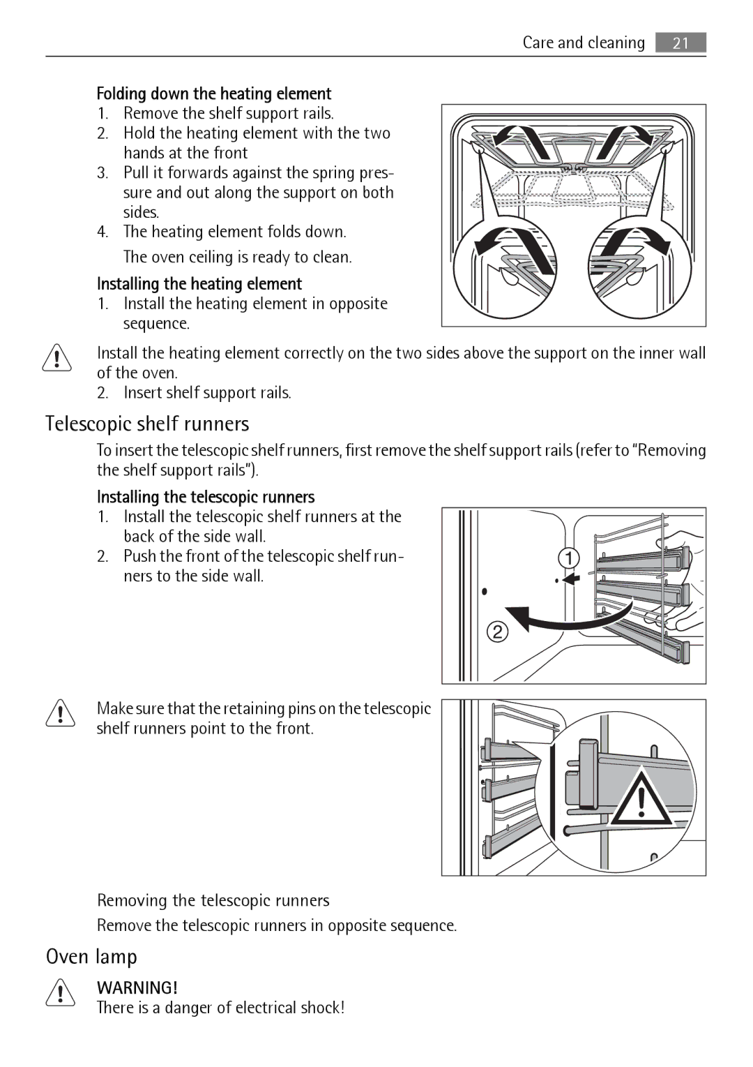 Electrolux E33542-6 Telescopic shelf runners, Oven lamp, Folding down the heating element, Installing the heating element 