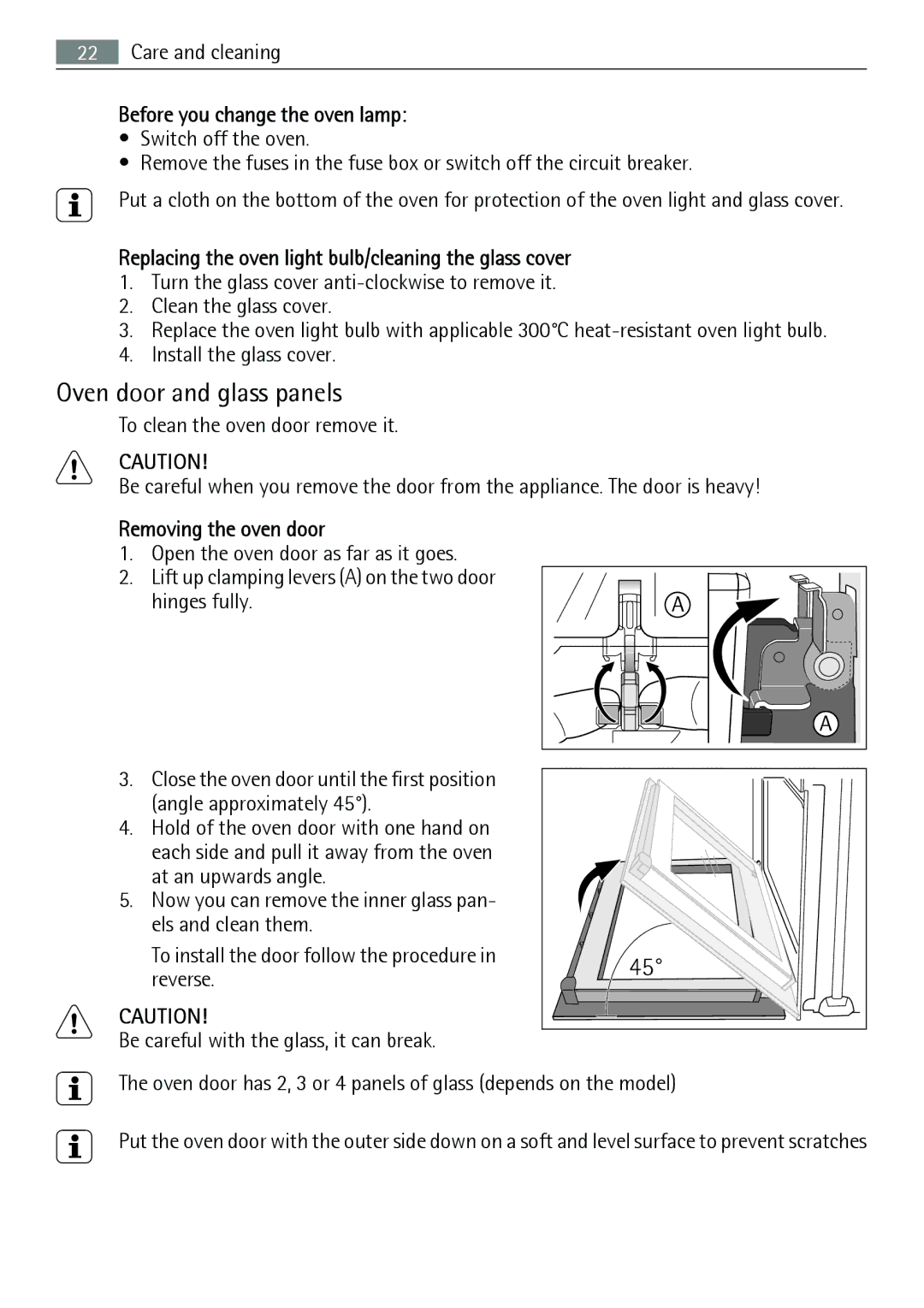 Electrolux E33542-6 user manual Oven door and glass panels, Before you change the oven lamp, Removing the oven door 