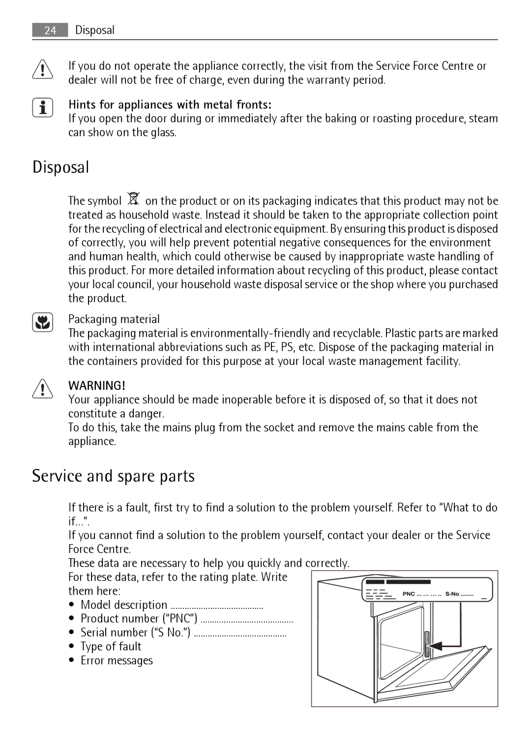 Electrolux E33542-6 Disposal, Service and spare parts, Hints for appliances with metal fronts, Packaging material 