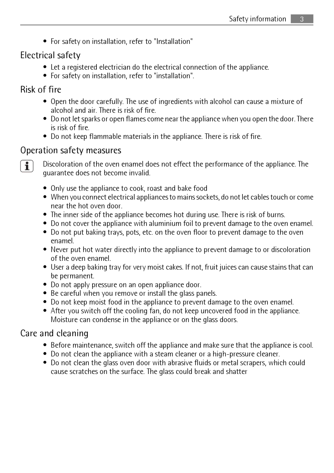 Electrolux E33542-6 user manual Electrical safety, Risk of fire, Operation safety measures, Care and cleaning 