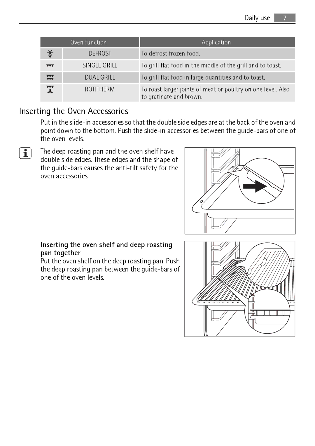 Electrolux E33542-6 Inserting the Oven Accessories, Daily use, Inserting the oven shelf and deep roasting pan together 