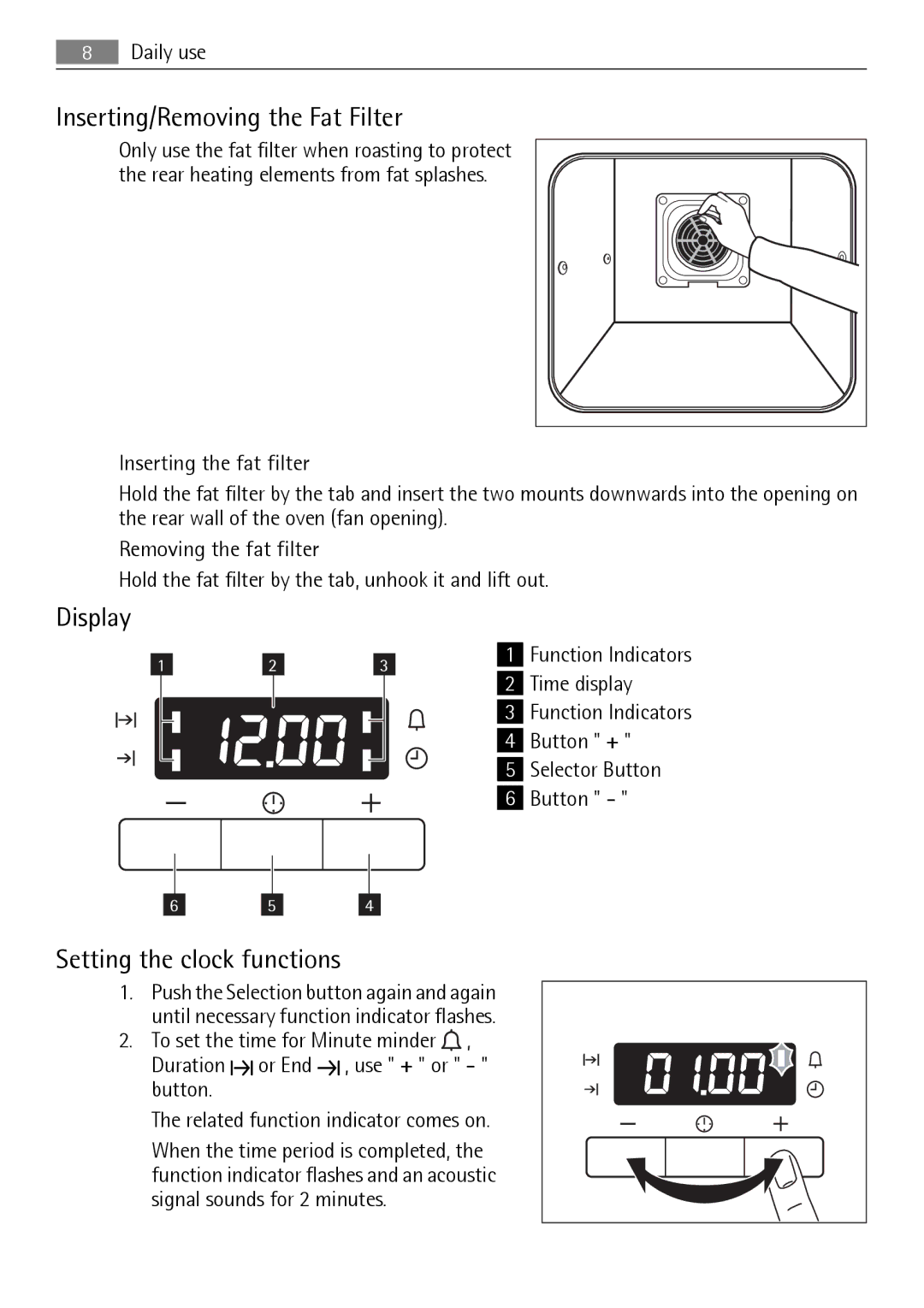 Electrolux E33542-6 user manual Inserting/Removing the Fat Filter, Display, Setting the clock functions 