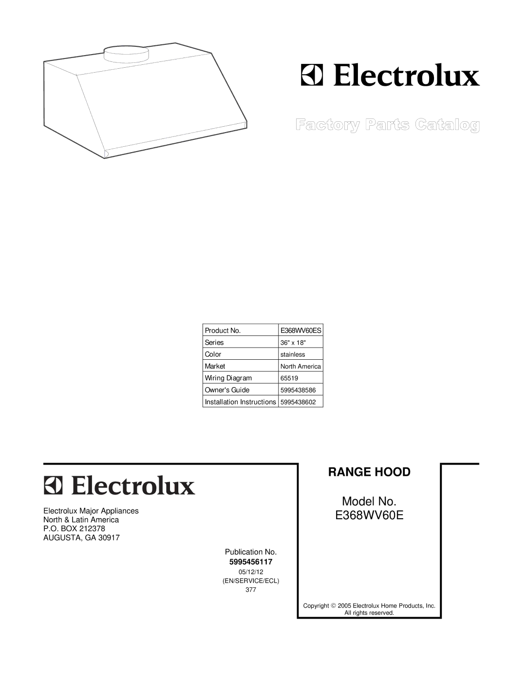 Electrolux E368WV60E installation instructions Range Hood 