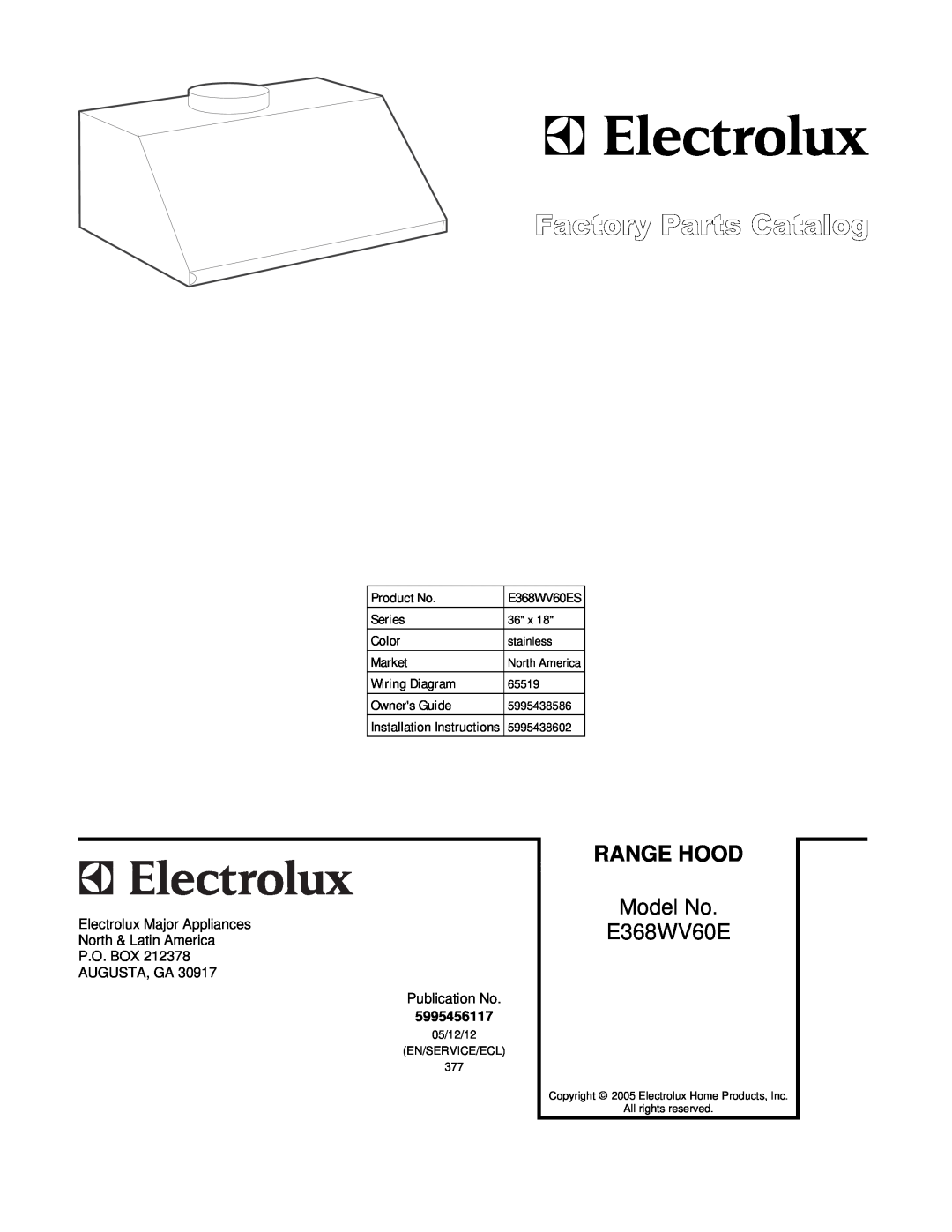 Electrolux E368WV60E installation instructions Range Hood, Model No 