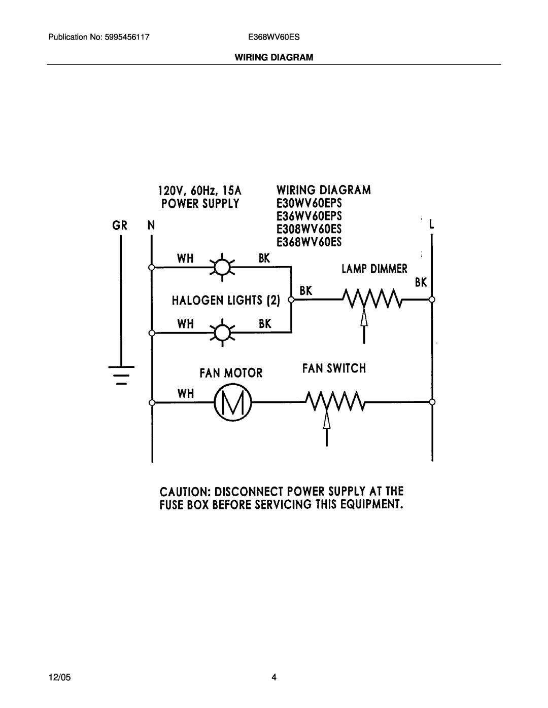Electrolux installation instructions Wiring Diagram, 12/05, E368WV60ES 