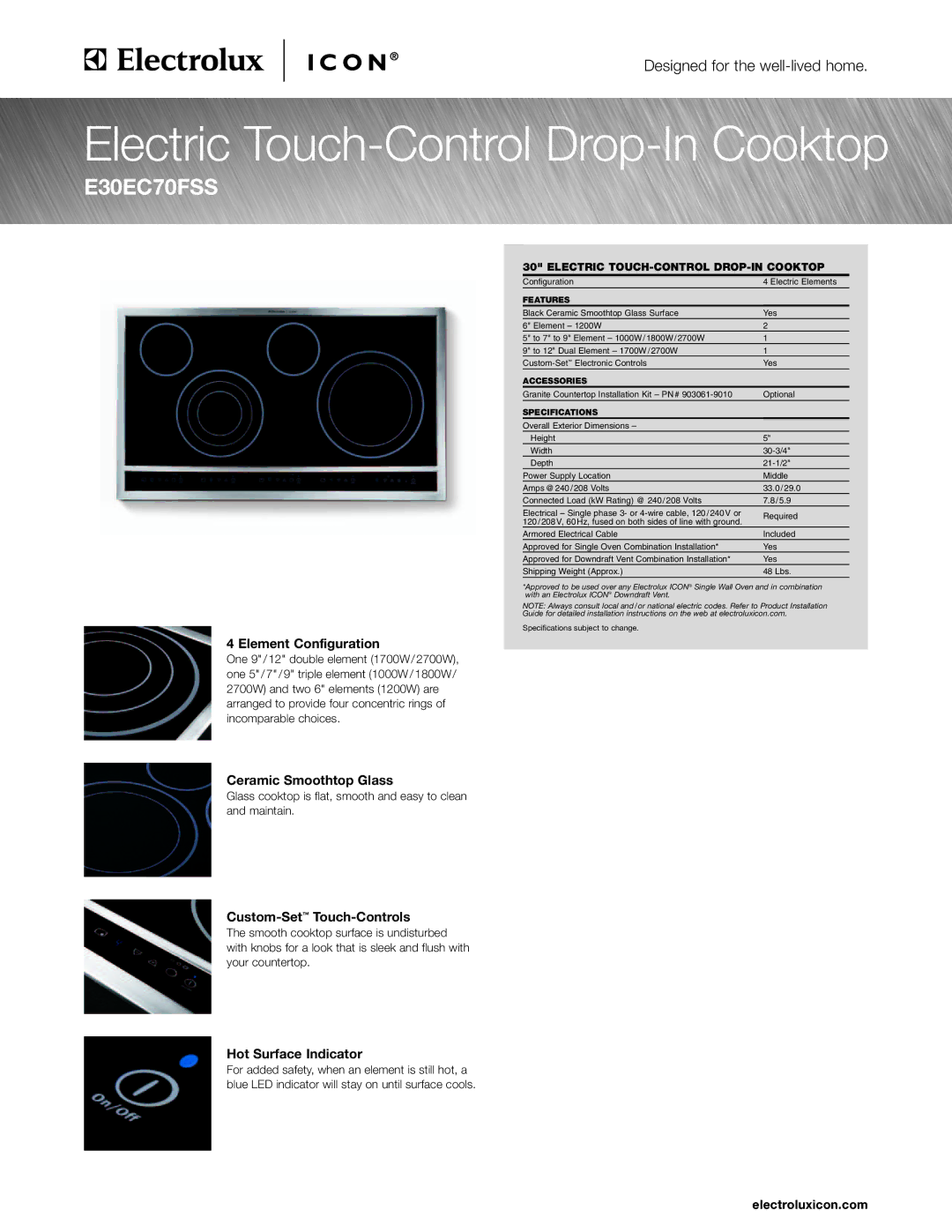 Electrolux E36DD75ESS/36 specifications Element Configuration, Ceramic Smoothtop Glass, Custom-SetTouch-Controls 