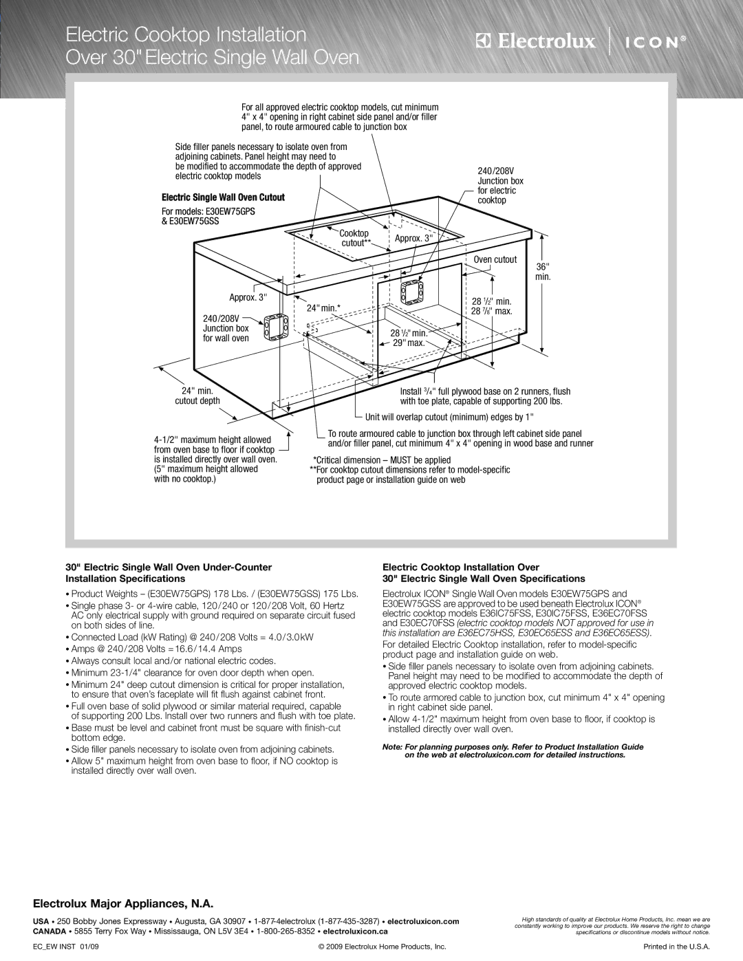 Electrolux E36DD75ESS/36 specifications Electric Single Wall Oven Cutout, For models E30EW75GPS E30EW75GSS 