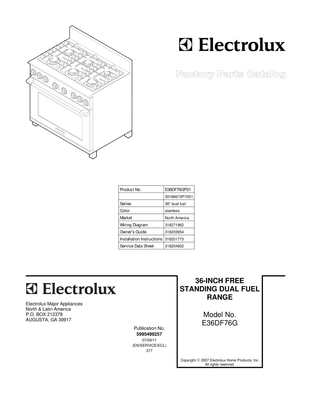 Electrolux 30166673P70S1 installation instructions Inch Free Standing Dual Fuel Range, E36DF76GPS1 