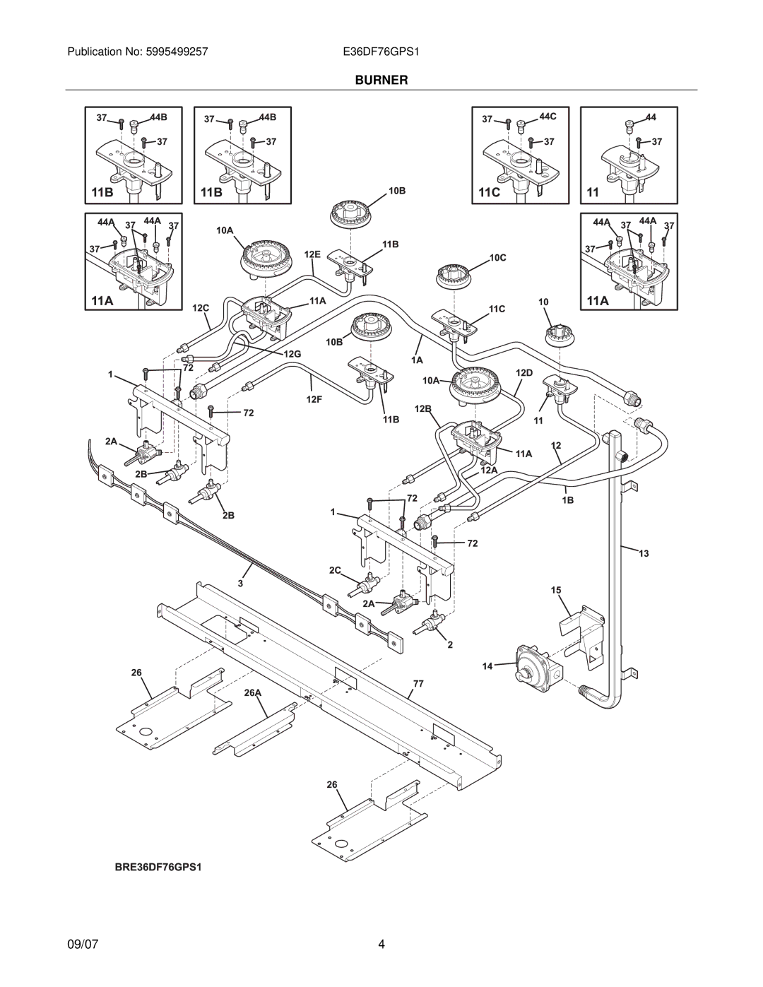 Electrolux E36DF76GPS1, 30166673P70S1 installation instructions Burner 