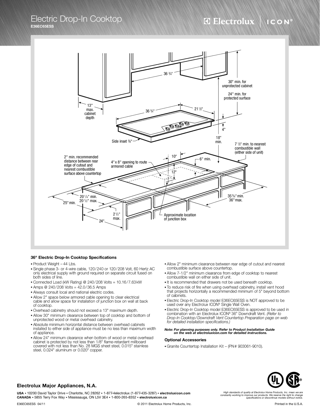 Electrolux E36EC65ESS specifications Electric Drop-In Cooktop, Electrolux Major Appliances, N.A 