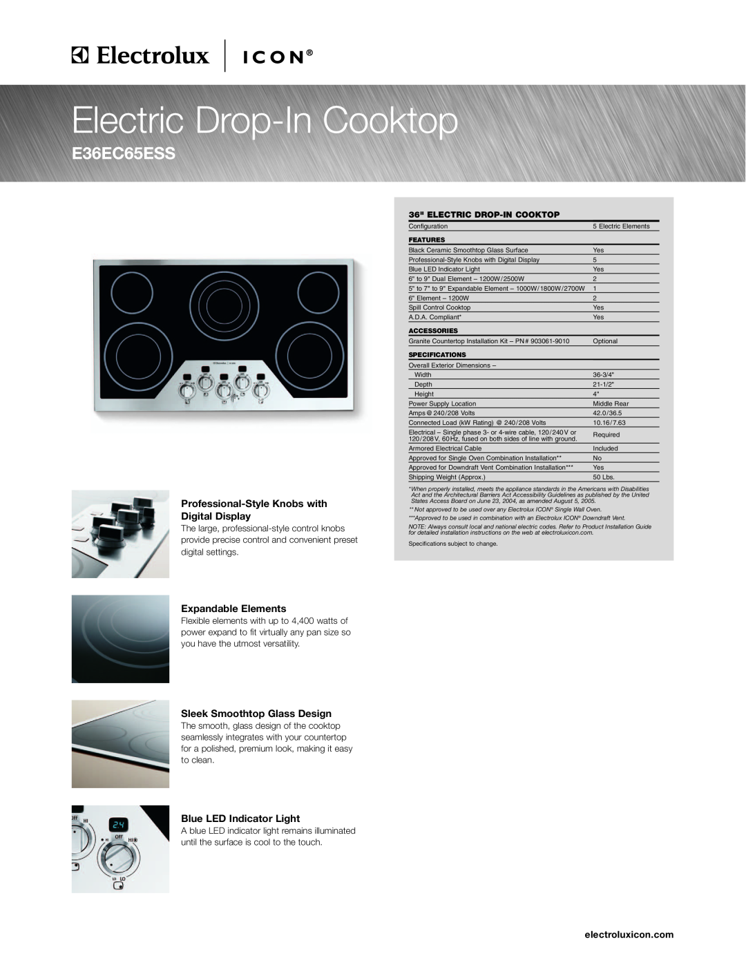 Electrolux E36EC65ESS specifications Electric Drop-In Cooktop, electroluxicon.com 