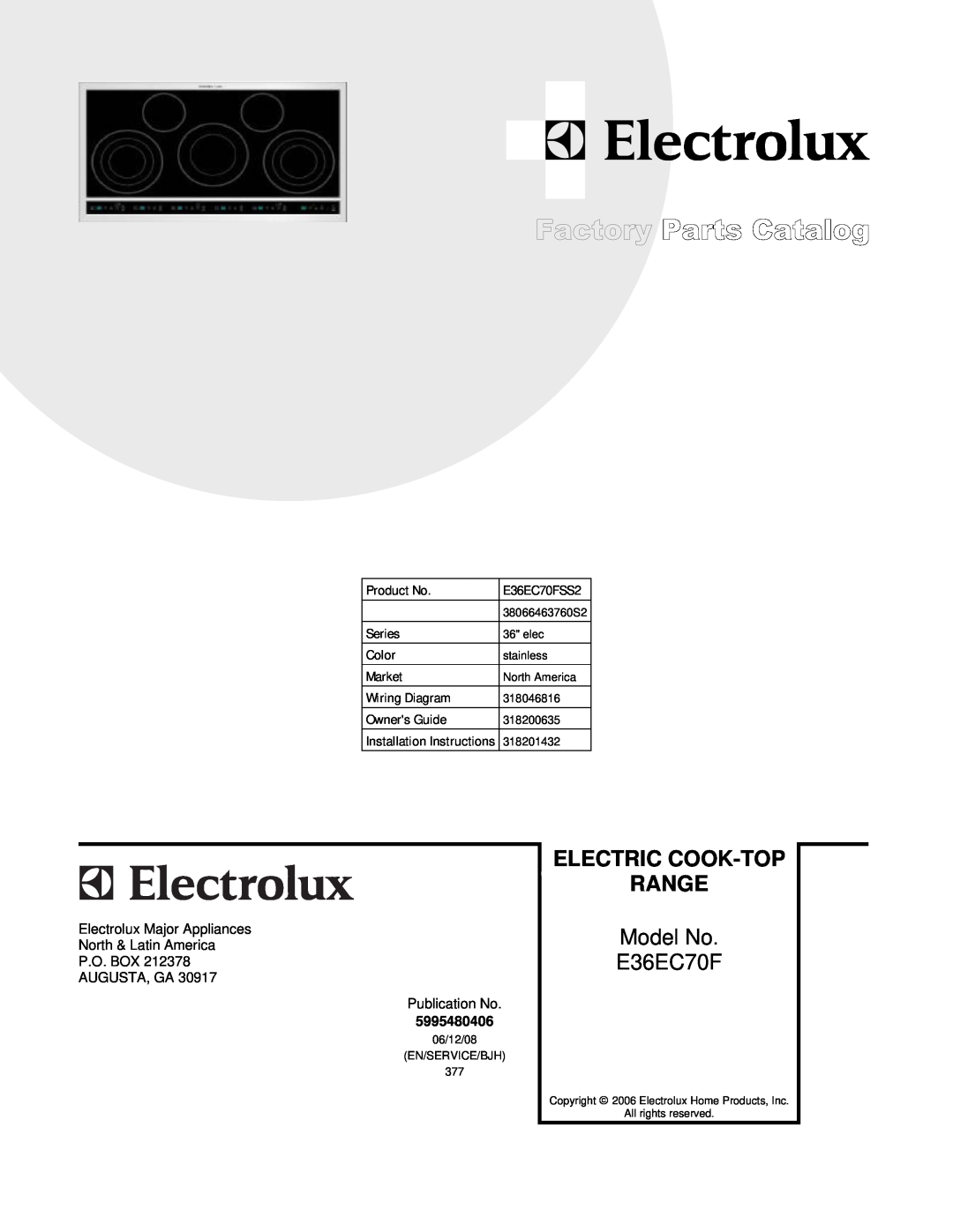Electrolux E36EC70FSS2, 38066463760S2 installation instructions Range, Electric Cook-Top, Model No, 318046816.eps 