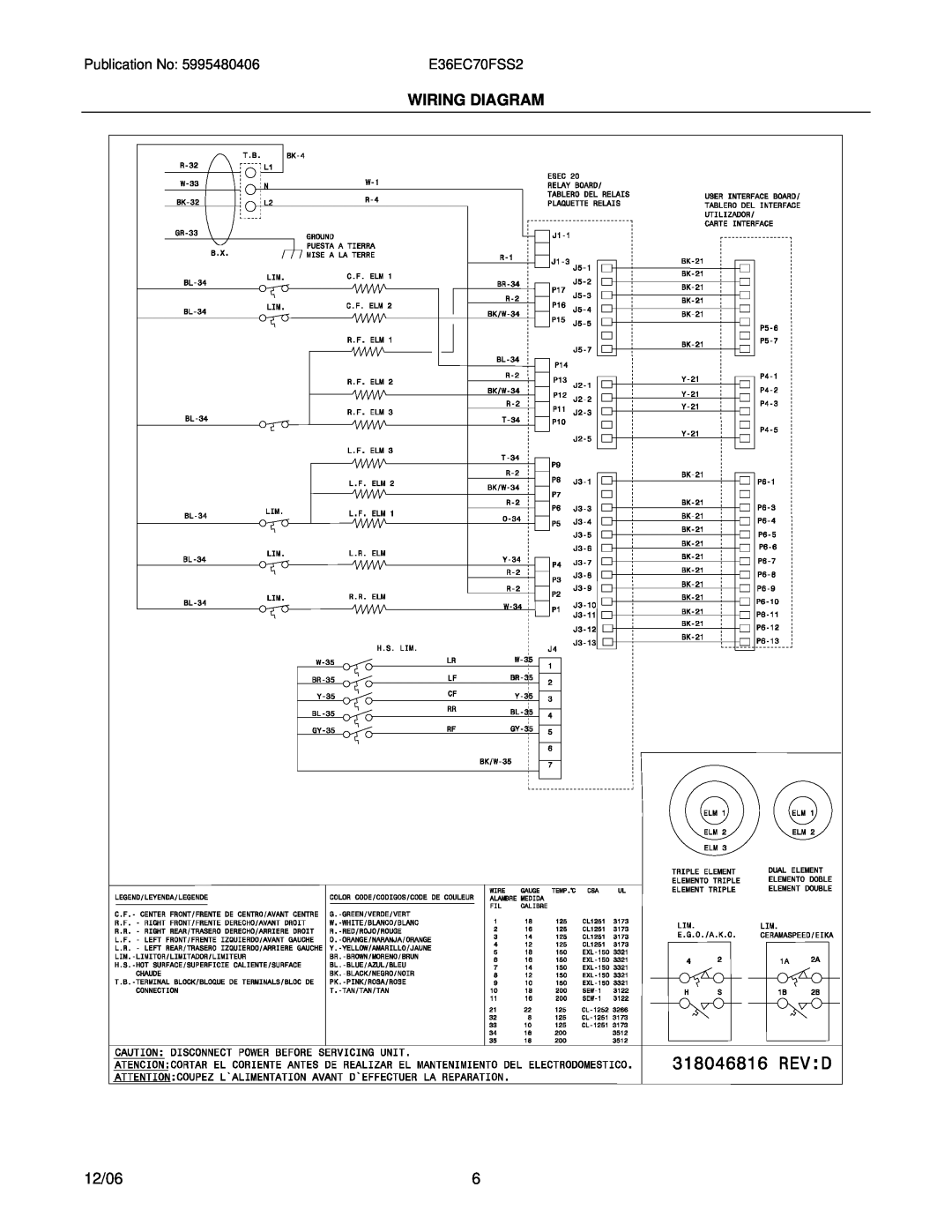 Electrolux 38066463760S2 installation instructions Wiring Diagram, 12/06, E36EC70FSS2 