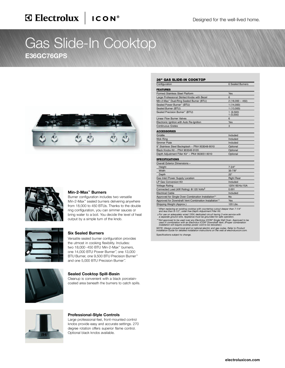 Electrolux E36EC75DSS specifications Min-2-MaxBurners, Six Sealed Burners, Sealed Cooktop Spill-Basin, Electroluxicon.com 