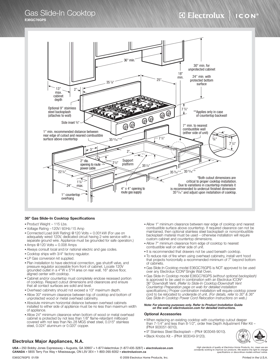 Electrolux E36EC75ESS, E36EC75DSS specifications Gas Slide-In Cooktop Specifications, Optional Accessories 