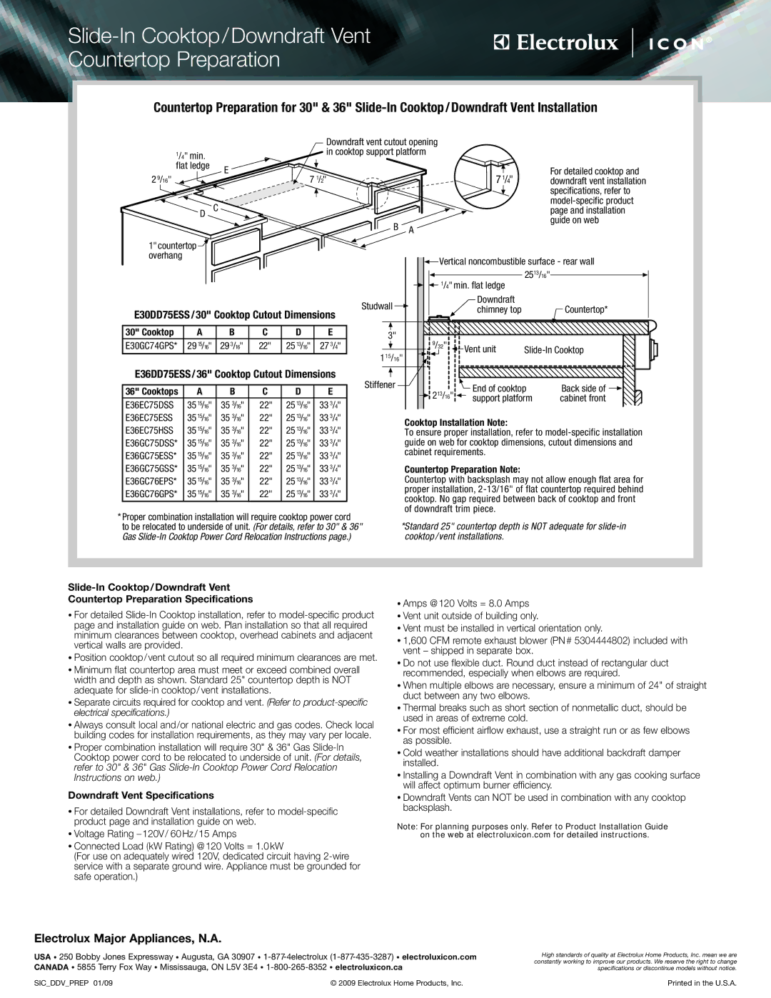 Electrolux E36EC75DSS Slide-In Cooktop/Downdraft Vent Countertop Preparation, E30DD75ESS/30 Cooktop Cutout Dimensions 