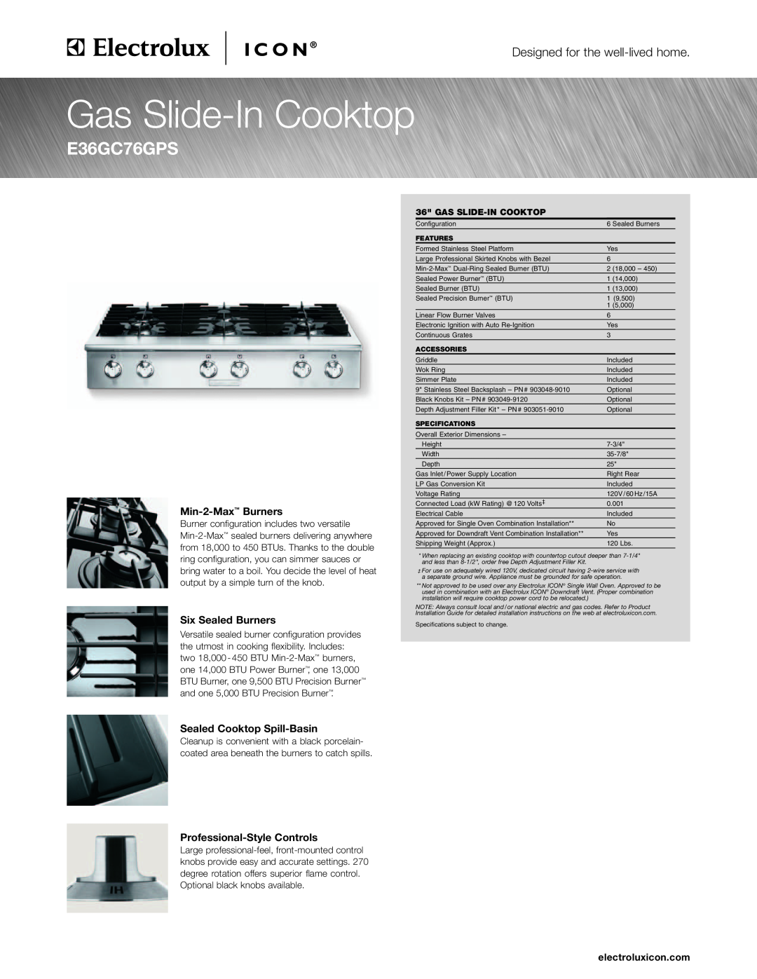 Electrolux E36EC75DSS specifications Min-2-Max Burners, Six Sealed Burners, Sealed Cooktop Spill-Basin, electroluxicon.com 