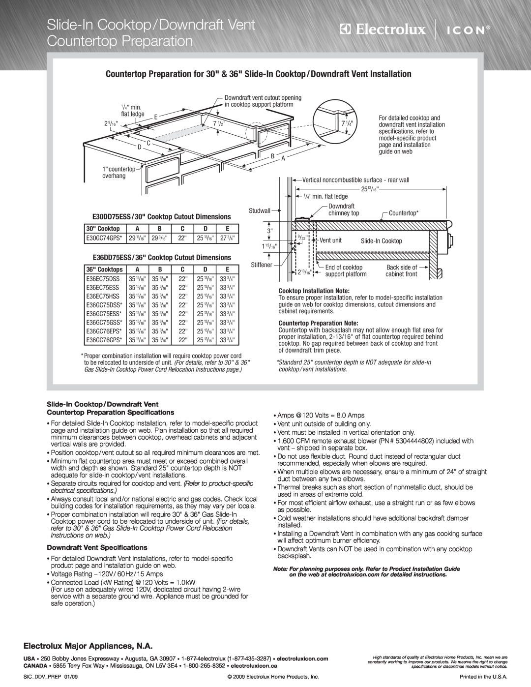 Electrolux E36EC75DSS Slide-In Cooktop/Downdraft Vent Countertop Preparation, E30DD75ESS/30 Cooktop Cutout Dimensions 