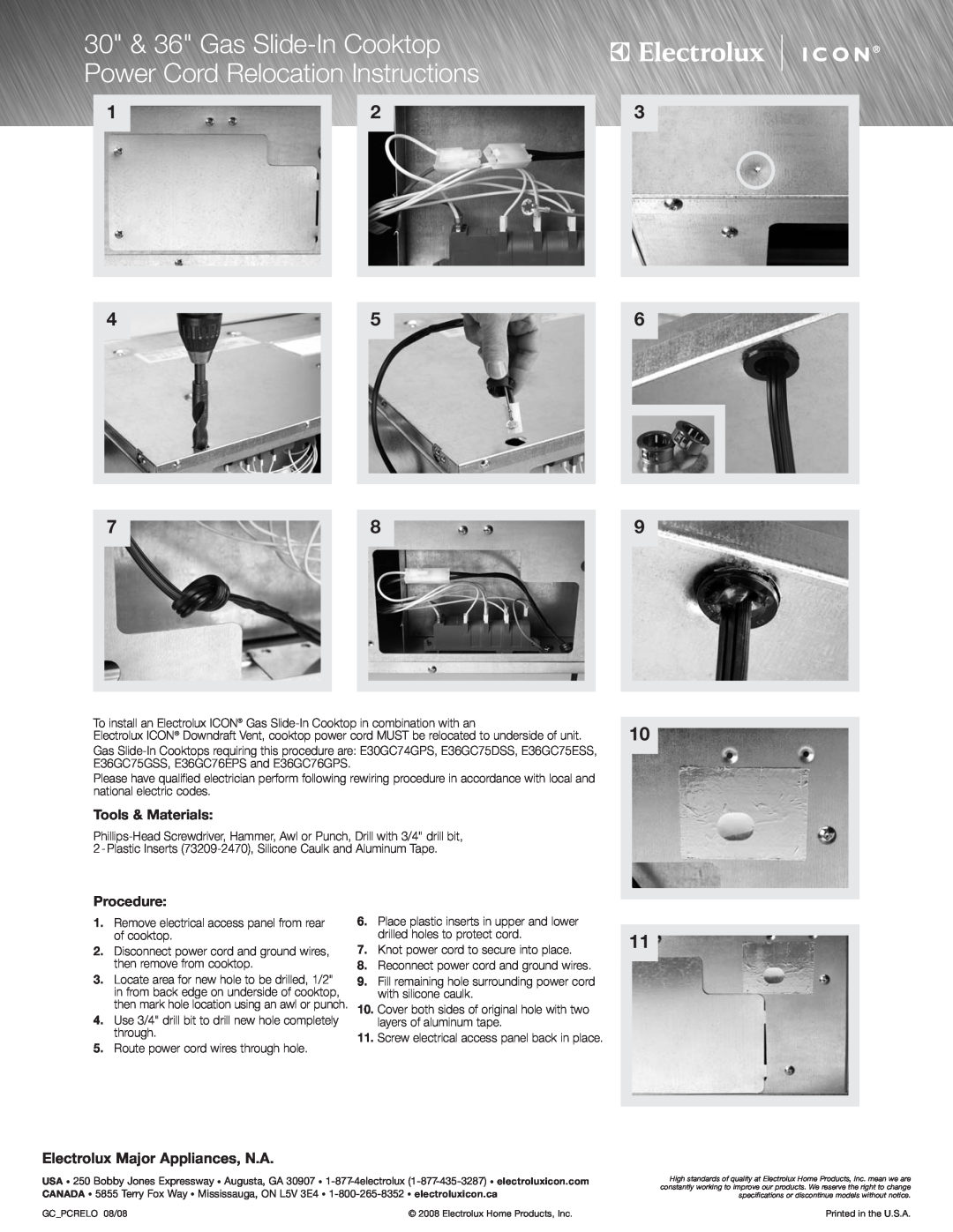 Electrolux E36EC75ESS Tools & Materials, Procedure, 30 & 36 Gas Slide-In Cooktop Power Cord Relocation Instructions 