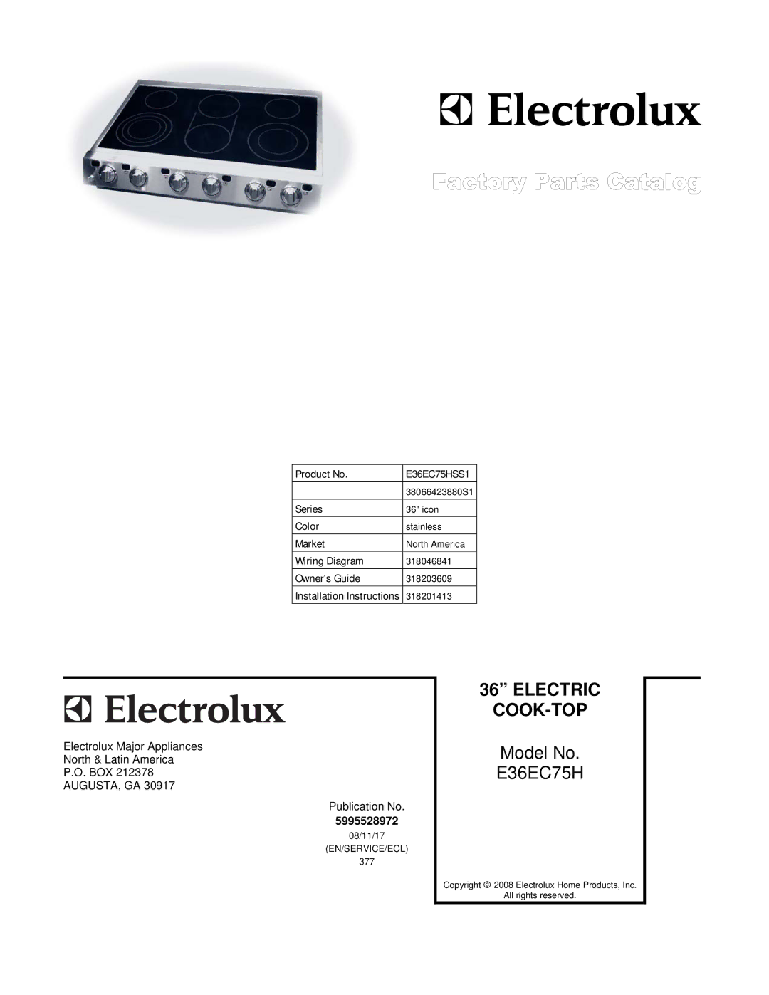 Electrolux E36EC75HSS1, 38066423880S1 installation instructions Electric COOK-TOP 