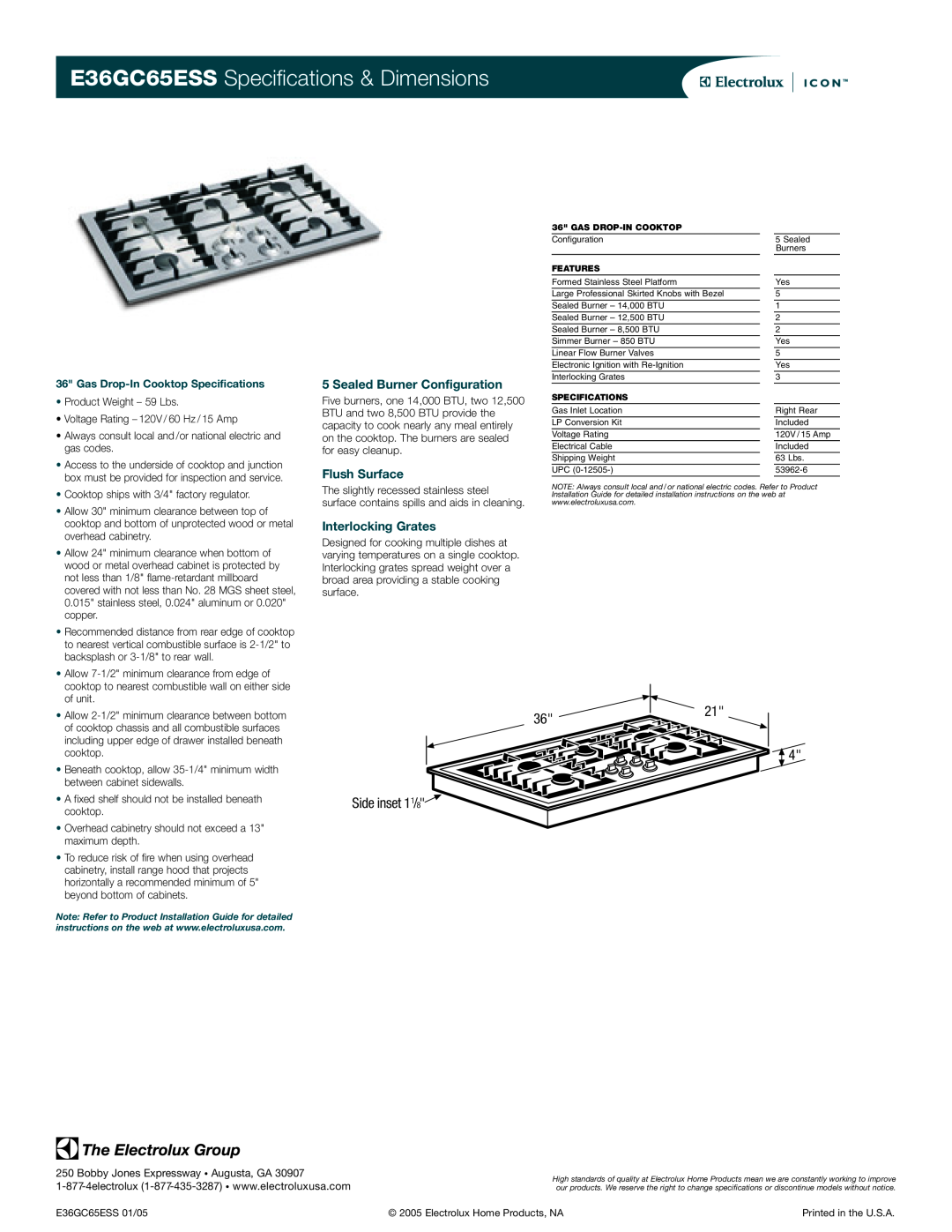 Electrolux specifications E36GC65ESS Specifications & Dimensions, Side inset 11/8, Sealed Burner Configuration 