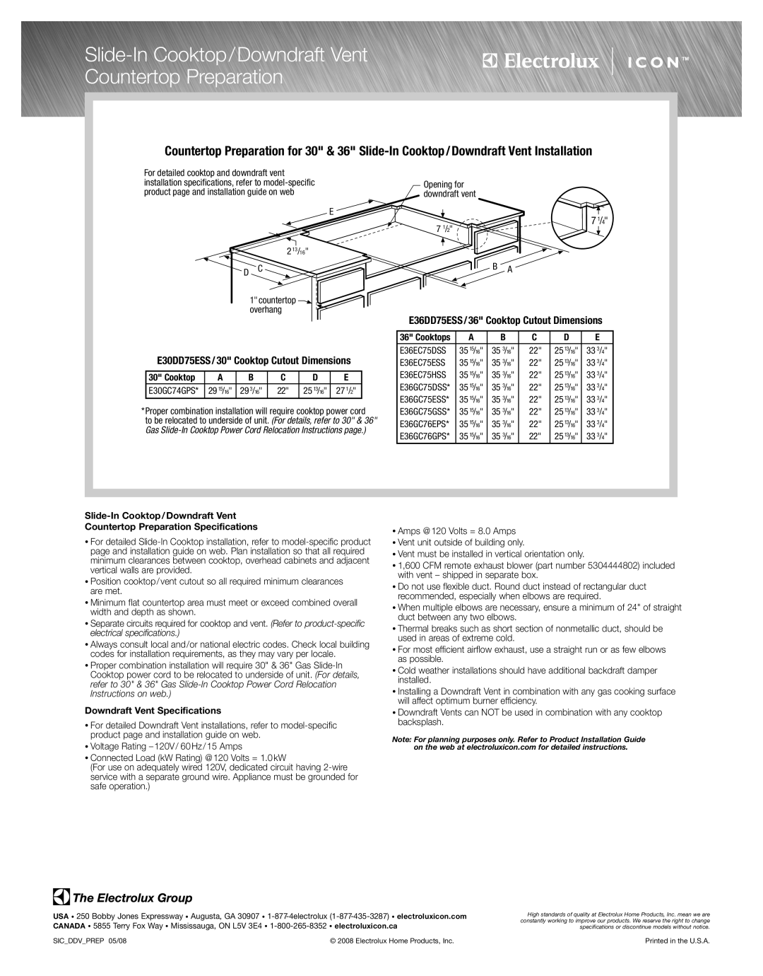 Electrolux E36GC75GSS Slide-In Cooktop/Downdraft Vent Countertop Preparation, E30DD75ESS / 30 Cooktop Cutout Dimensions 